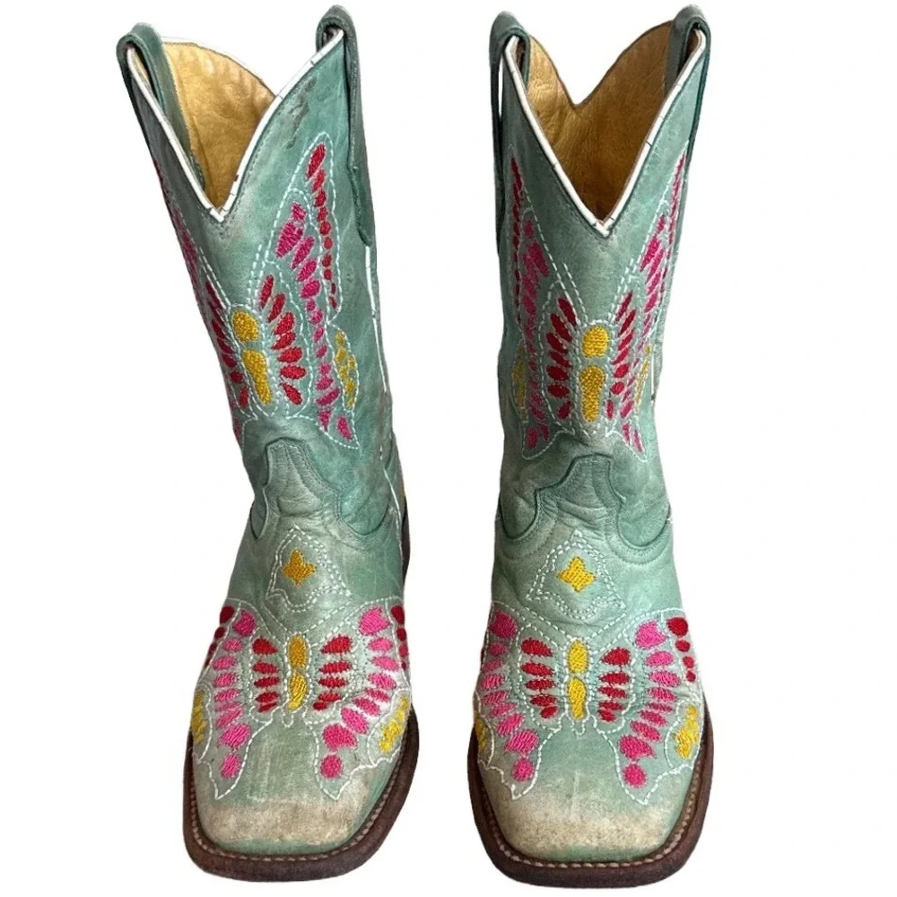 Corral Kids Turquoise Leather Butterfly Embroidered Western Boots Square Toe 1.5